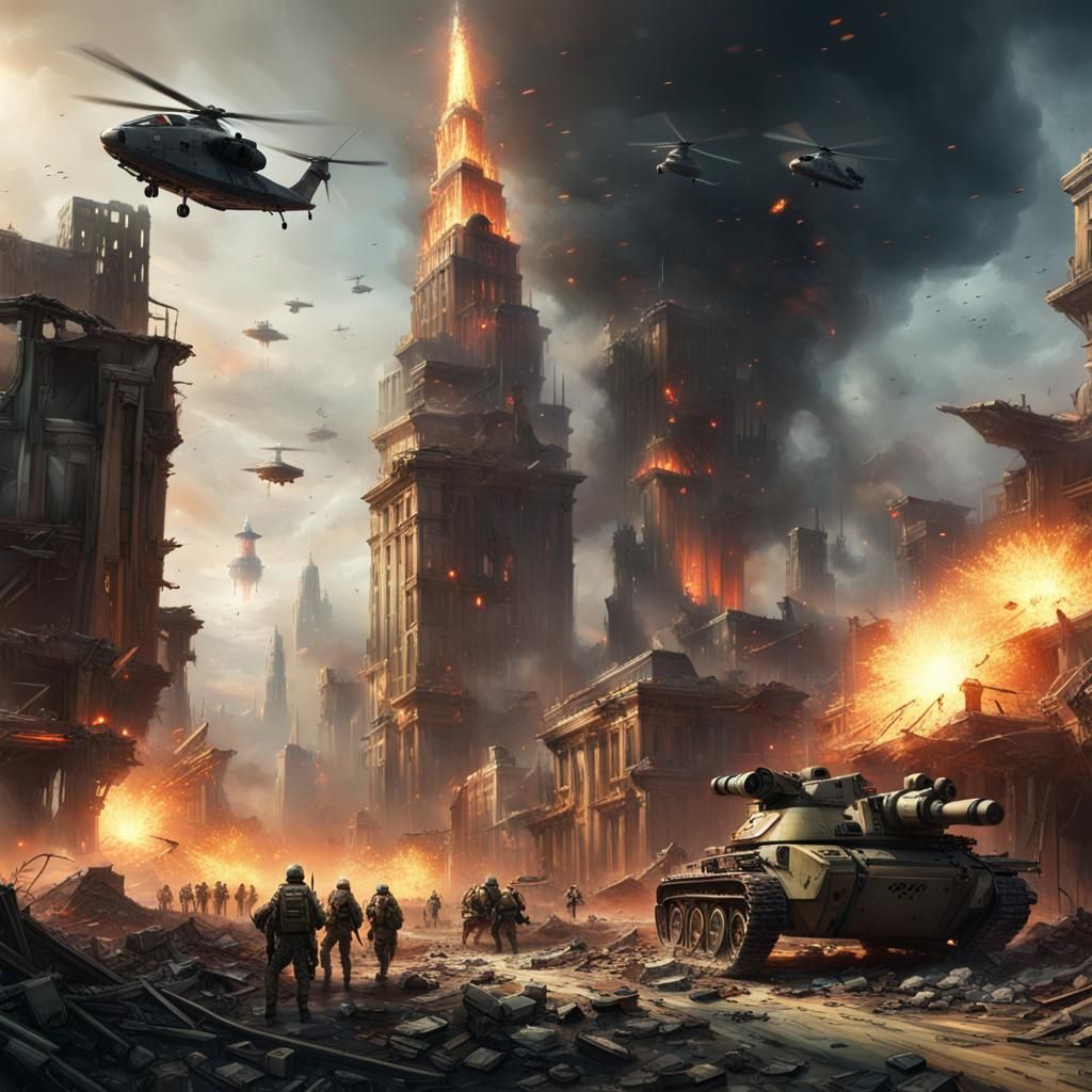 Futuristic Warzone City in Ruins, Dark Fantasy Art