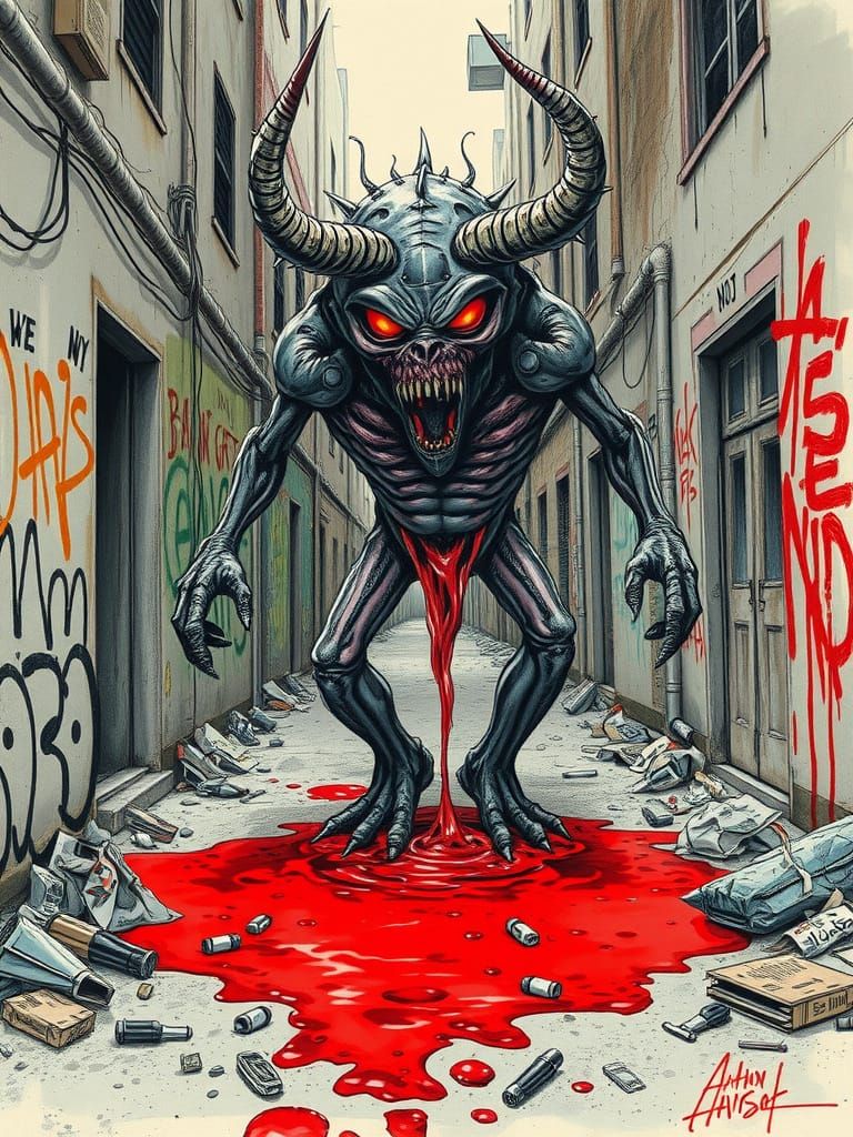 Cyberpunk Hellion Rises from a Pool of Blood