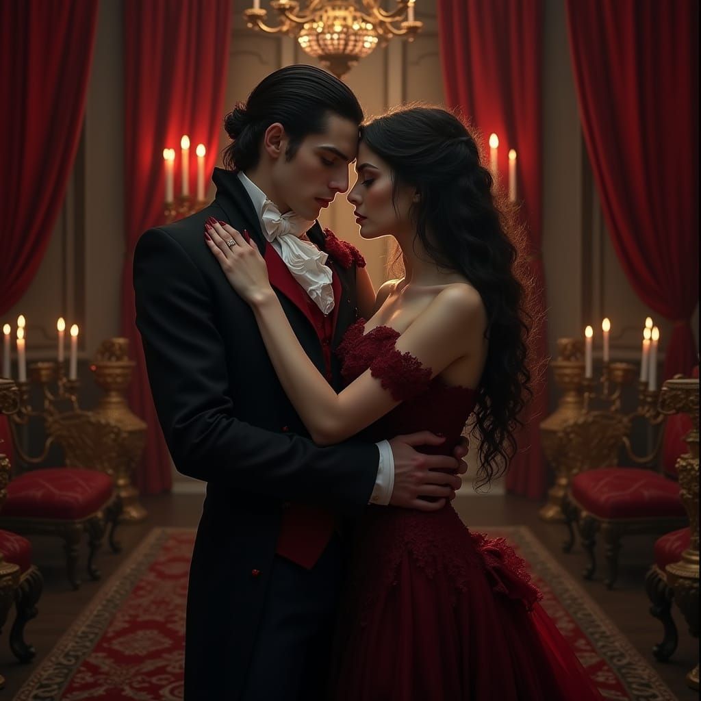 Ethereal Vampire Couple in Victorian-Era Ballroom