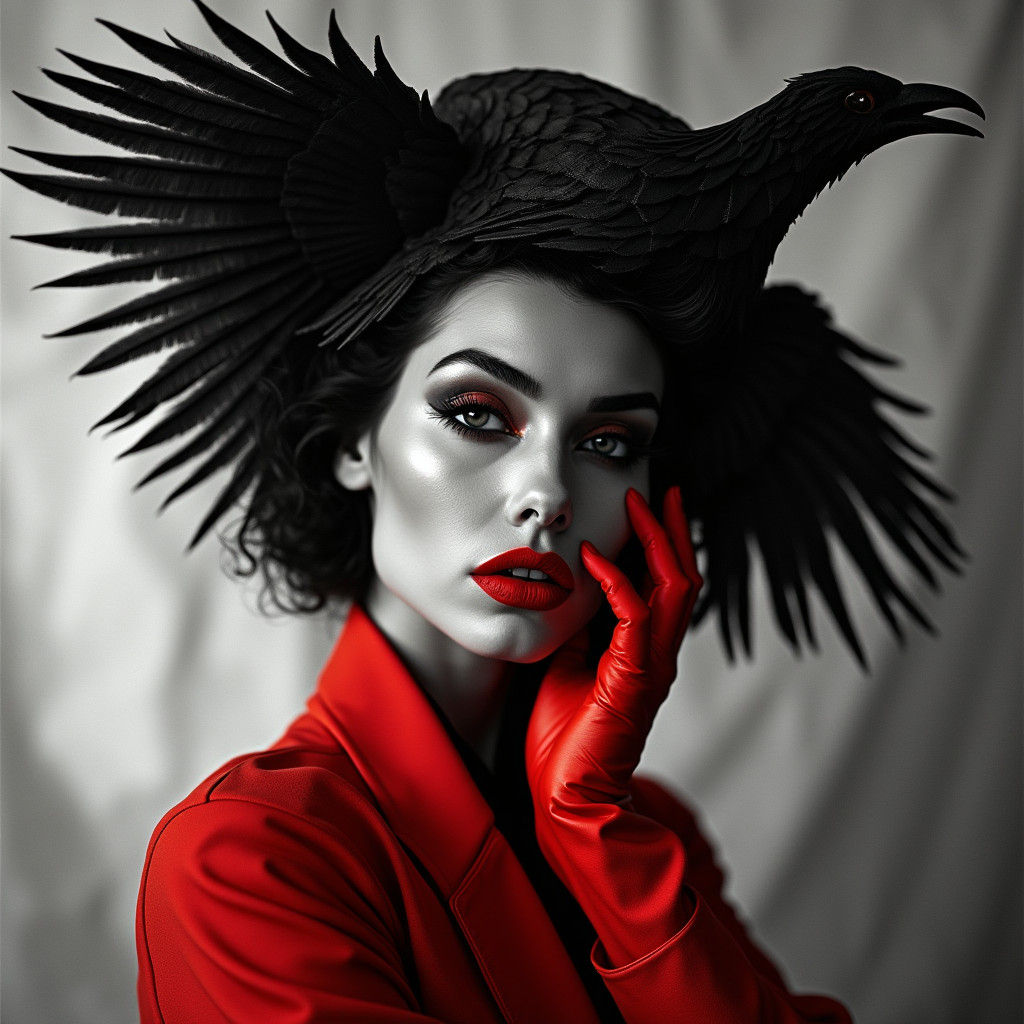 Supermodel with Geometric Raven Hat in Dadaist Photogram