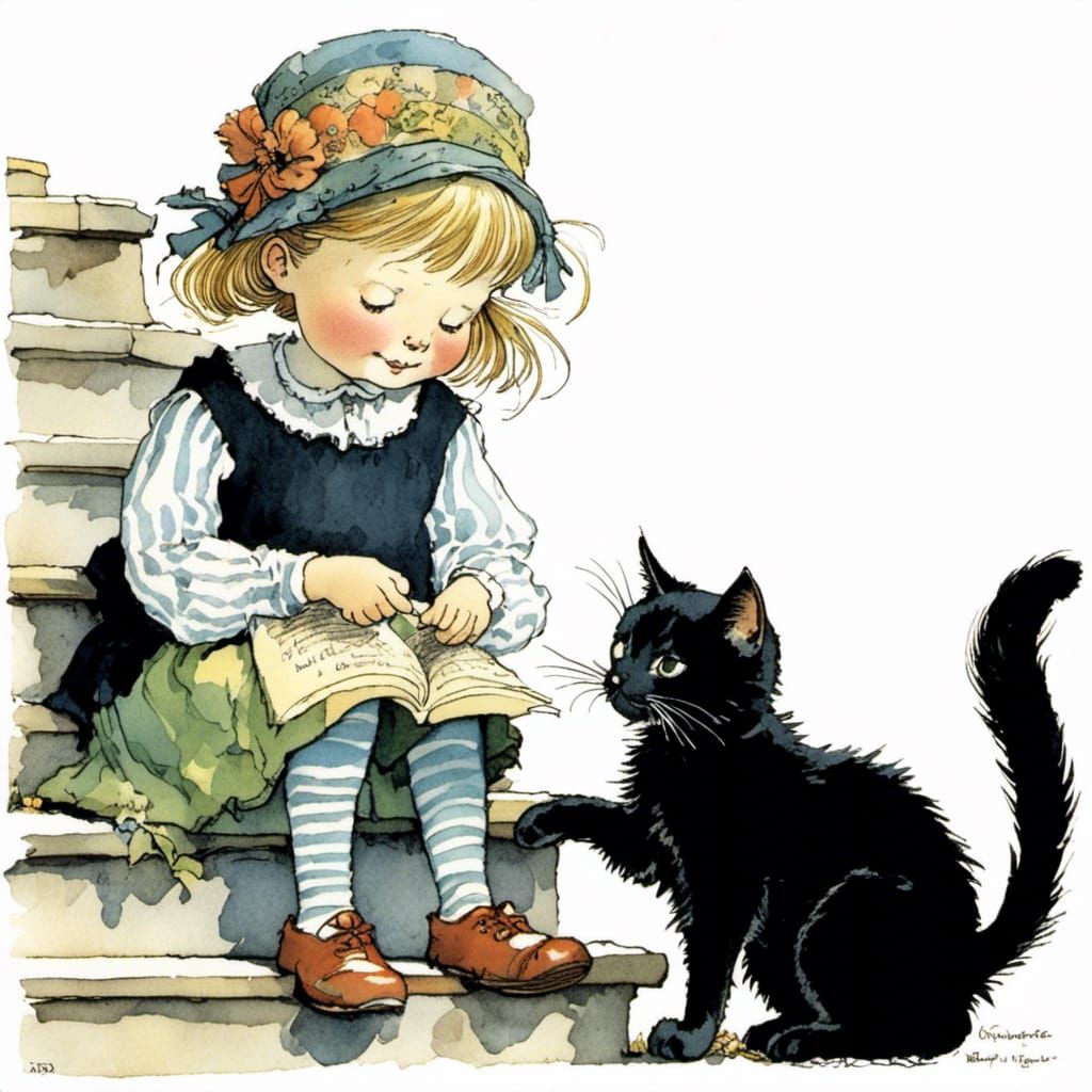 Girl and Black Cat, Whimsical Storybook Illustration