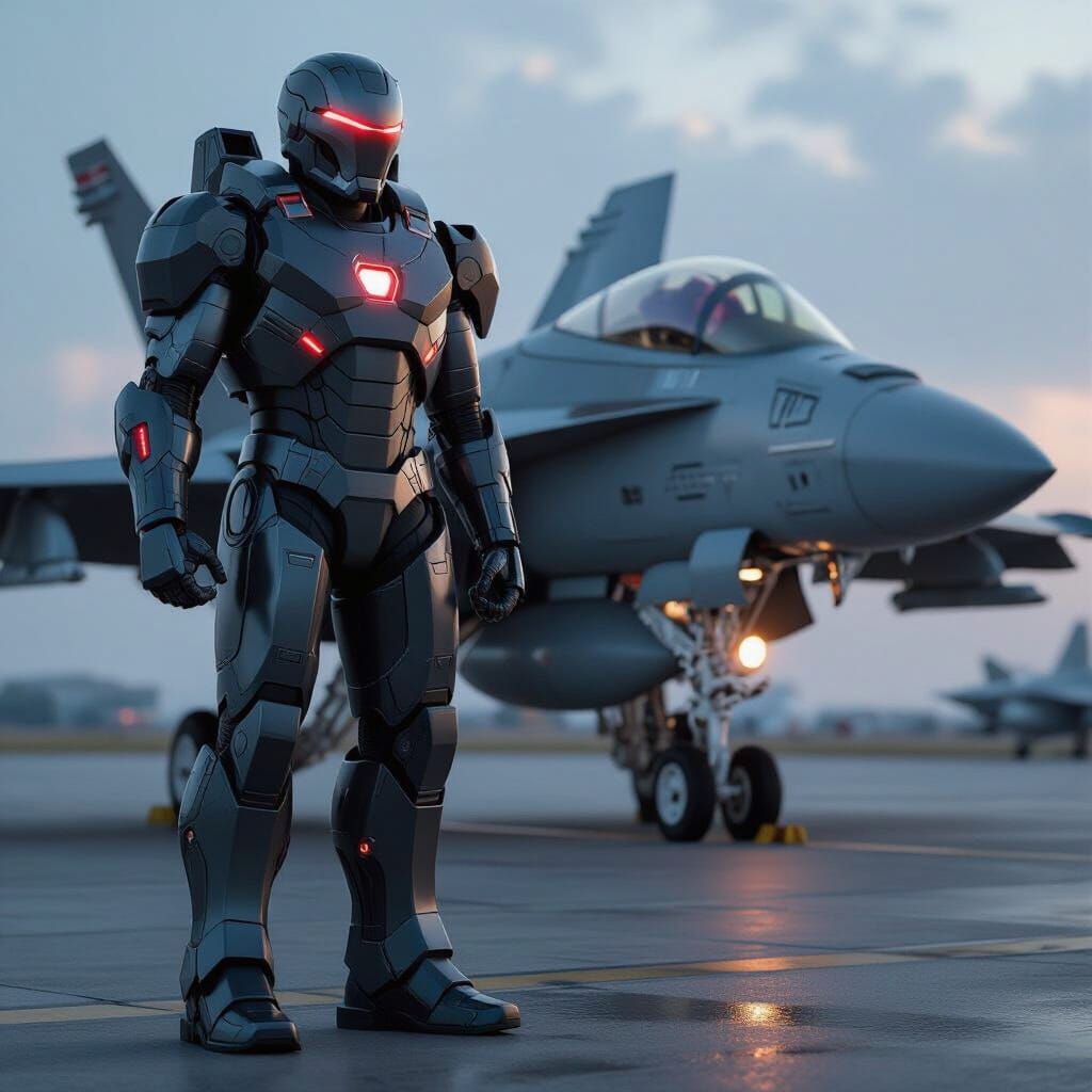 War Machine Suit Beside FA-18 in Detailed Style