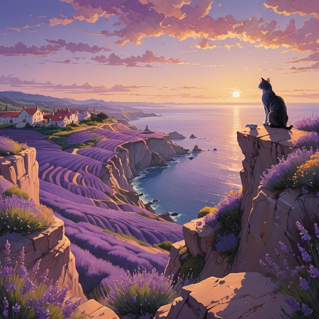 Lavender Fields Dreamscape with Cat, Fantasy Concept Art