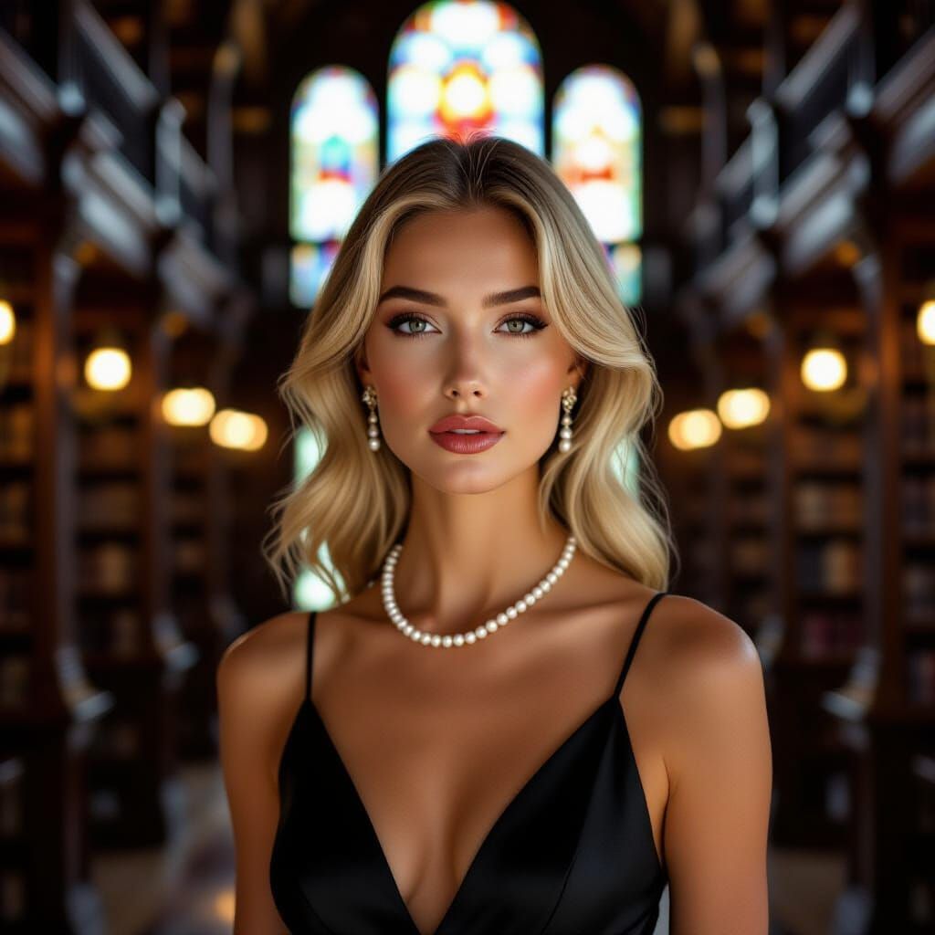 Elegant Blonde Woman in Ornate Library, Classical Oil Style