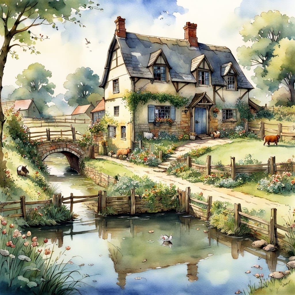 Brambley Hedge Farm Scene in Watercolour