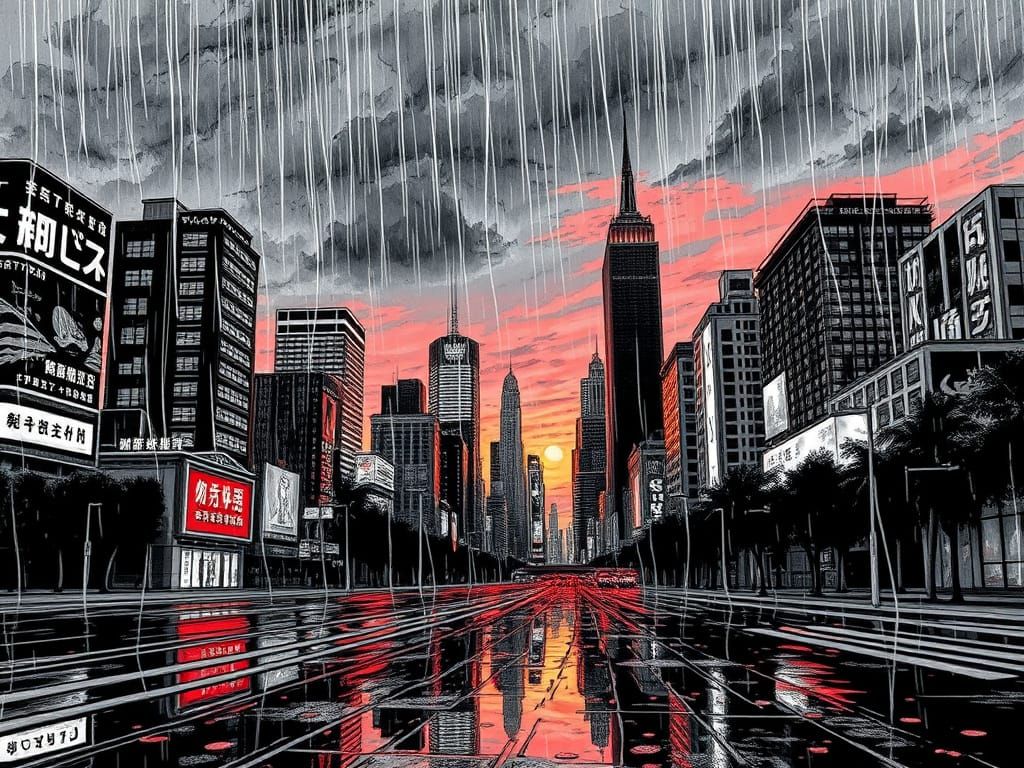 Dark Cityscape at Sunset with Neon Lights