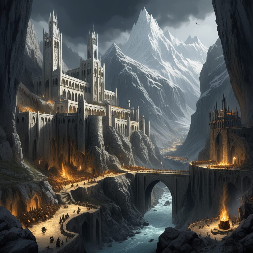 Majestic White City of Gondor Above Orcish Caverns