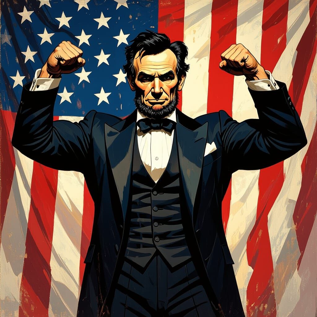 Muscular Abraham Lincoln Flexing, Patriotic Art Style