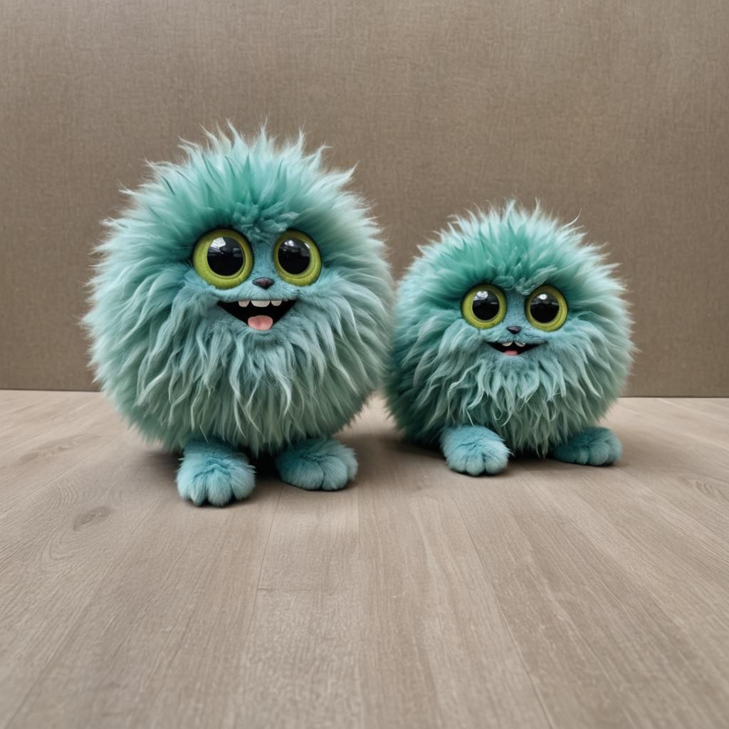 Two Cheerful Blue Fluffy Creatures Smiling