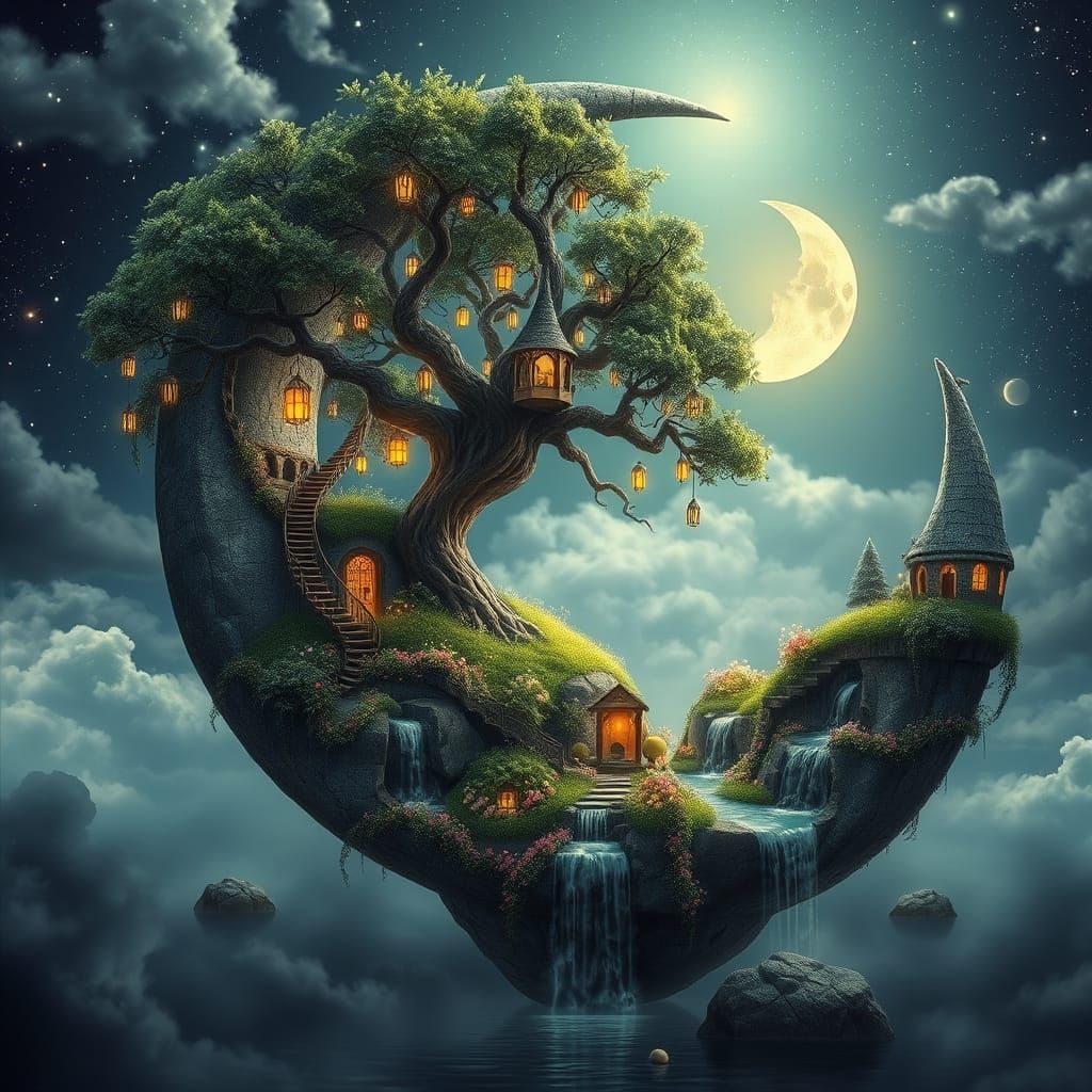 Dreamlike Moon Island with Glowing Lanterns