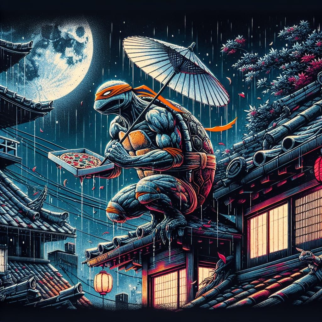 Ninja Turtle Michelangelo Eats Pizza: Japanese Art Style
