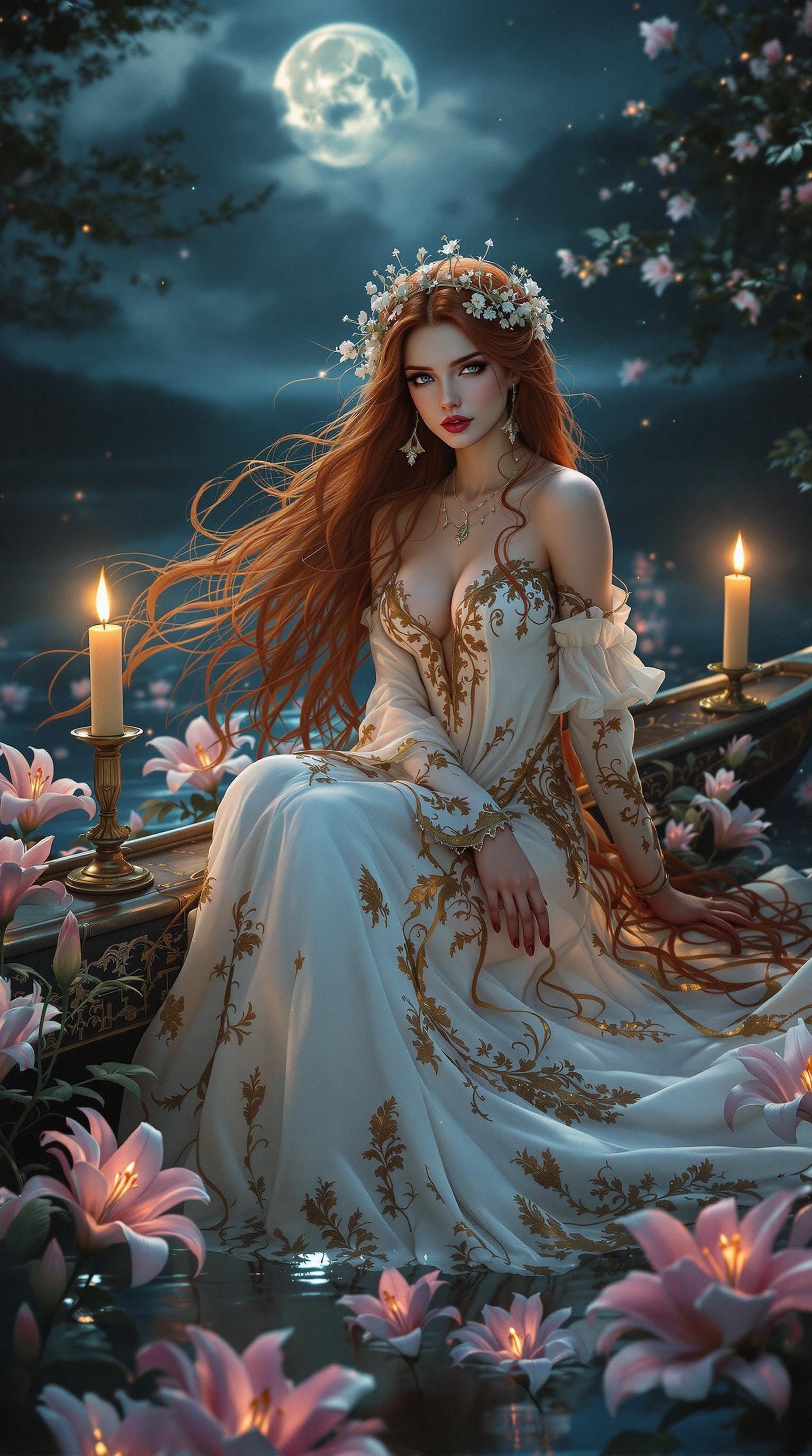 Lady of Shalott Portrait with Lilies, Hyperdetailed Art