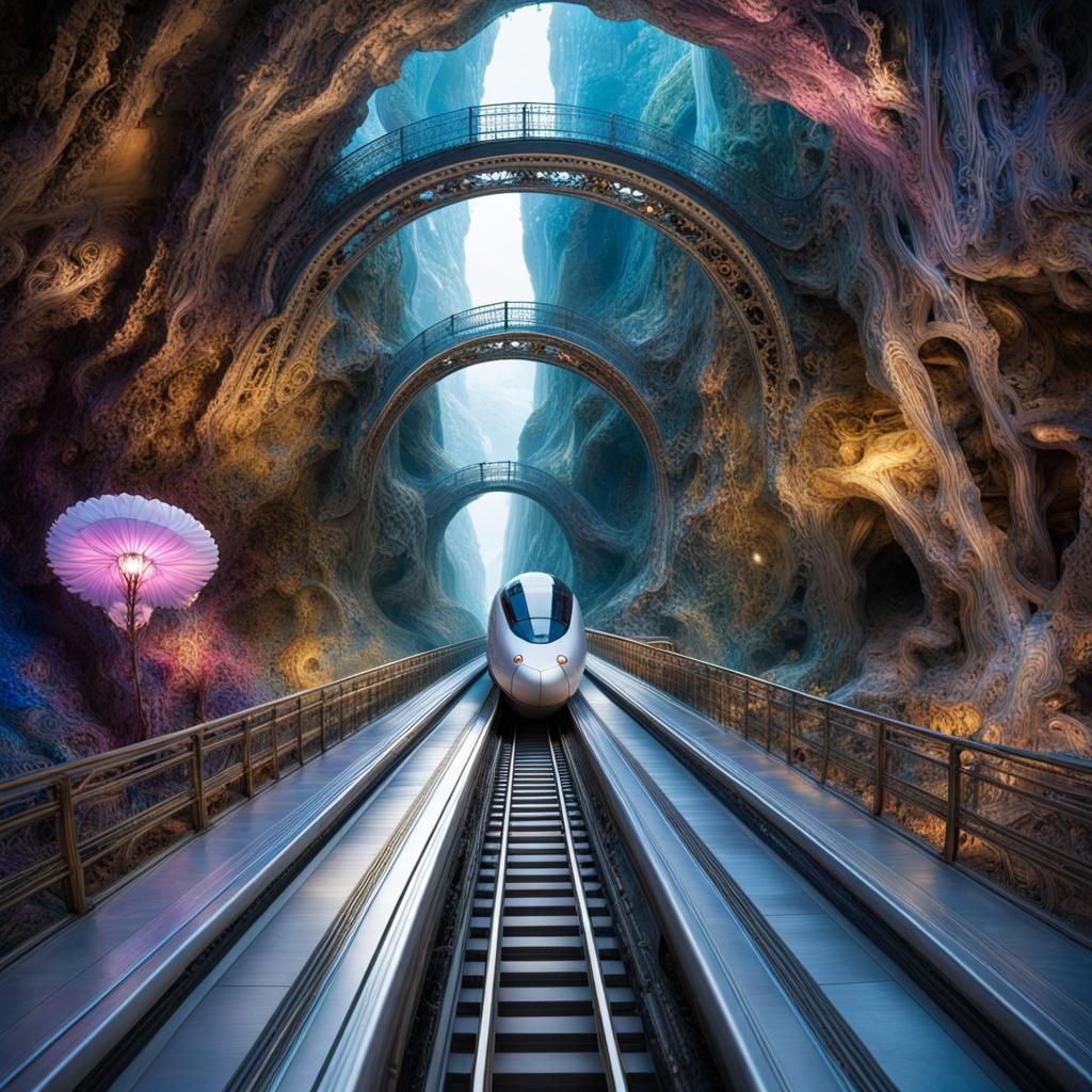 Transparent Bullet Train in Underground Cavern