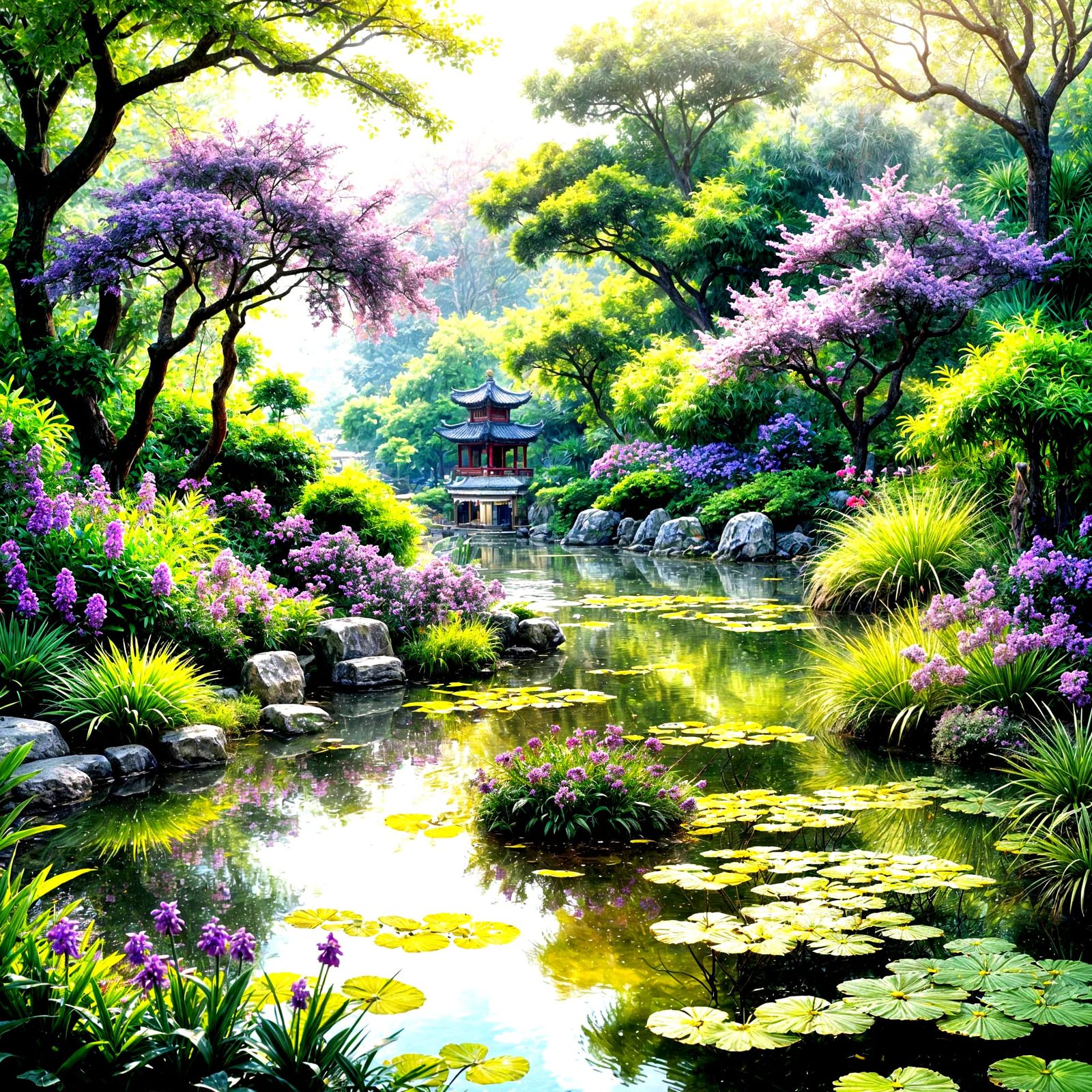 Lush Purple Chinese Garden in Divine Sunlight