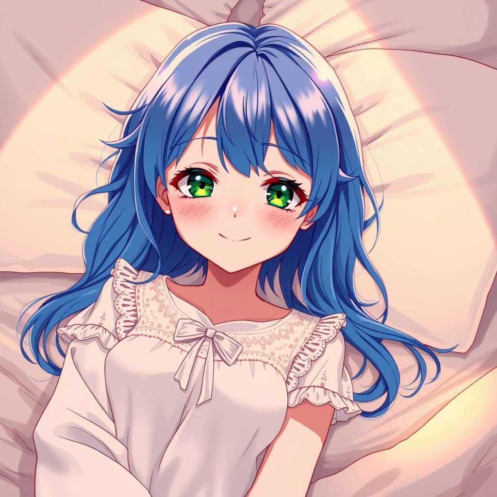 Anime Girl in Tranquil Nightgown with Loose Blue Hair