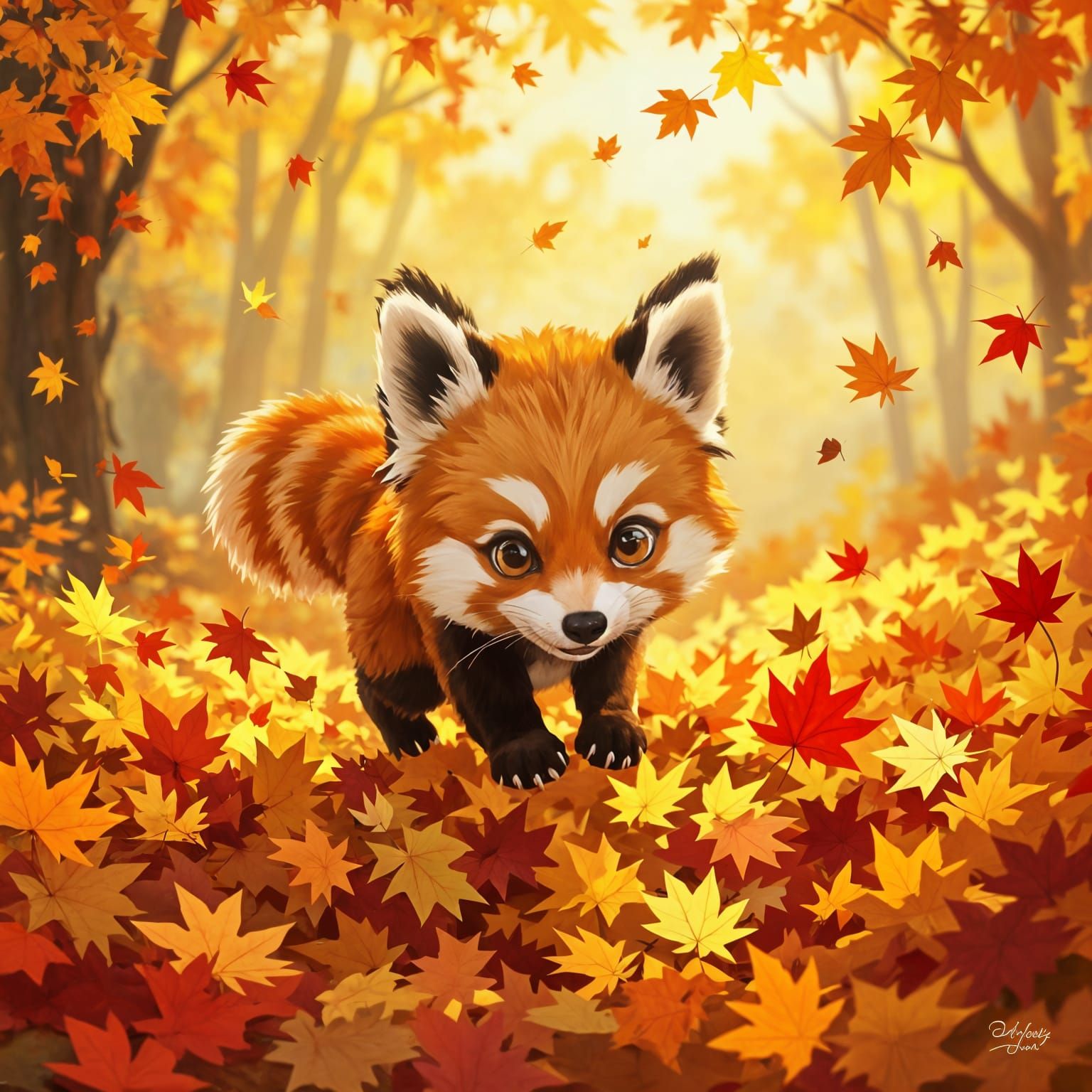 Cute Animal Playing in Autumn Leaves