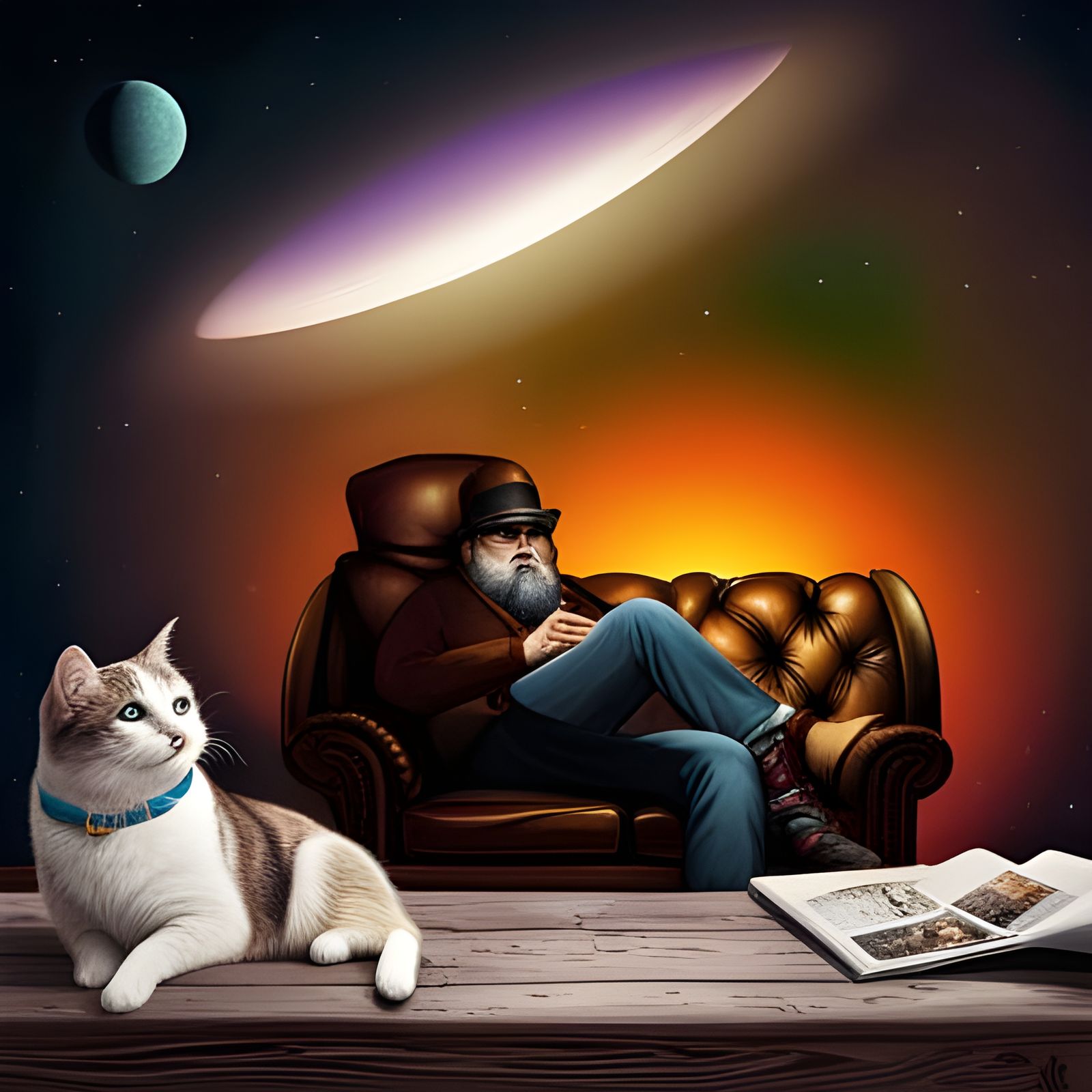 Hipster relaxing in space with his cat