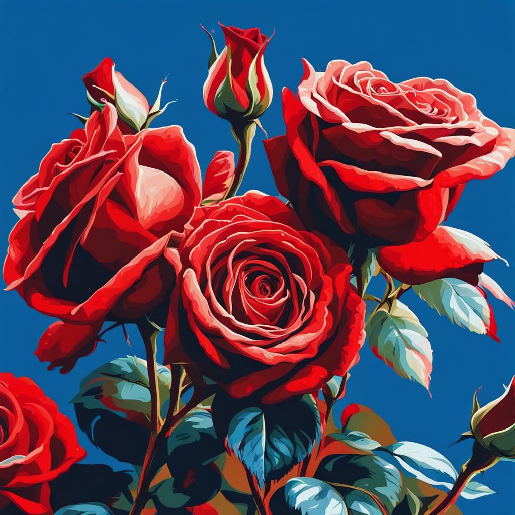 Hyperrealistic Red Roses with Blue Splash Art