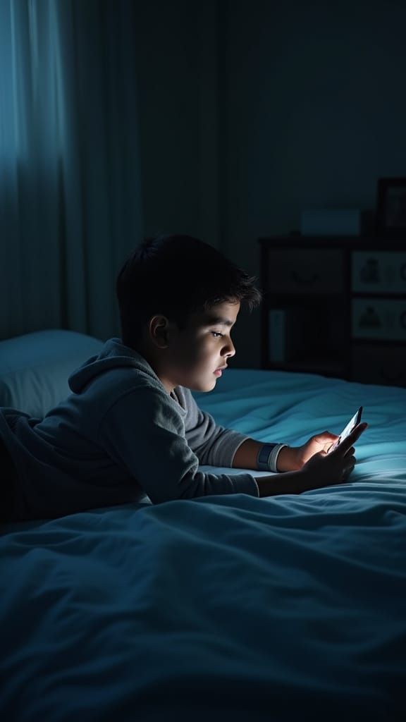 Boy Lit by Phone Screen, Cinematic Lighting