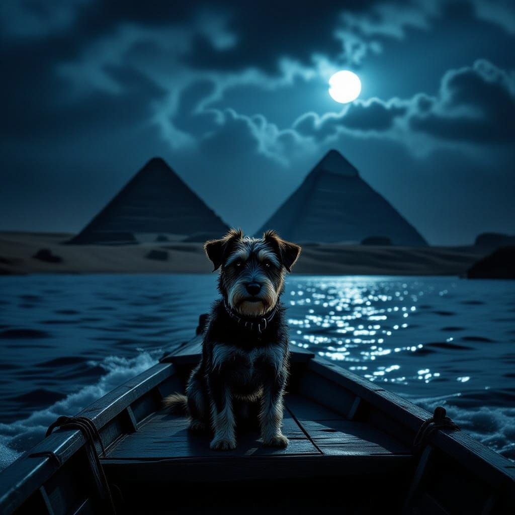 Film Noir Dog on Nile Boat Near Giza Pyramids