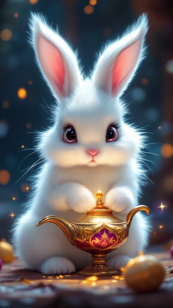 Cute White Bunny Discovers Magic in a Vibrant Aladdin Fantas...