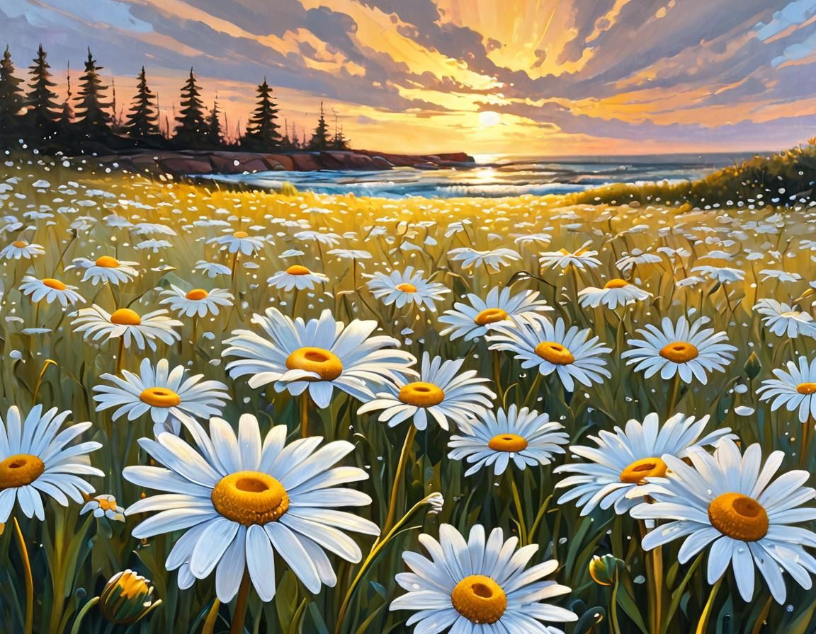 Ocean Storm with Iridescent Light and Daisies