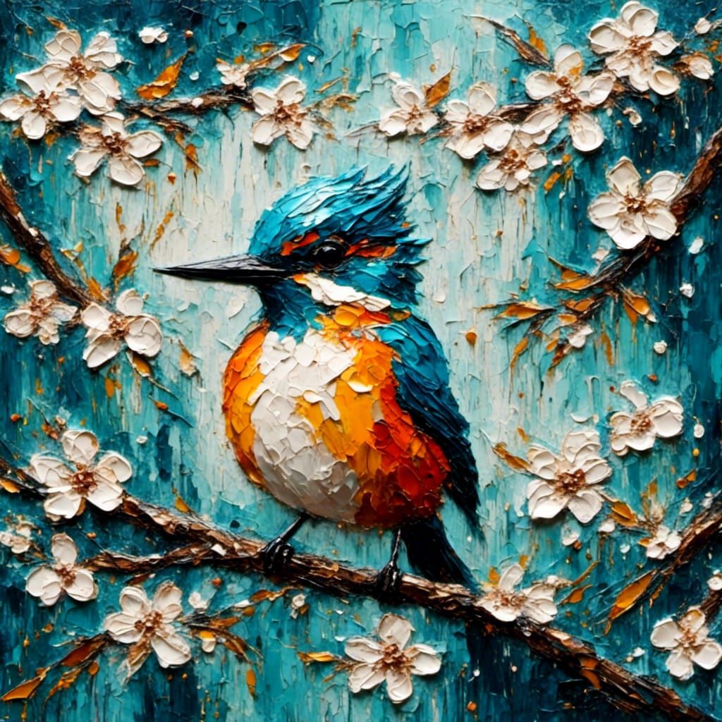 Kingfisher Portrait on Cherry Branch as Impasto Oil Painting