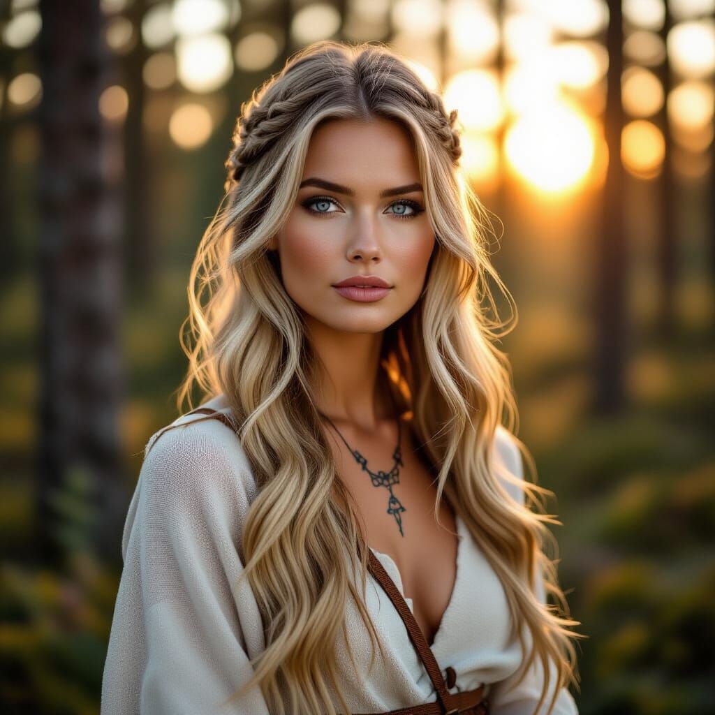 Nordic Woman in Forest at Golden Hour