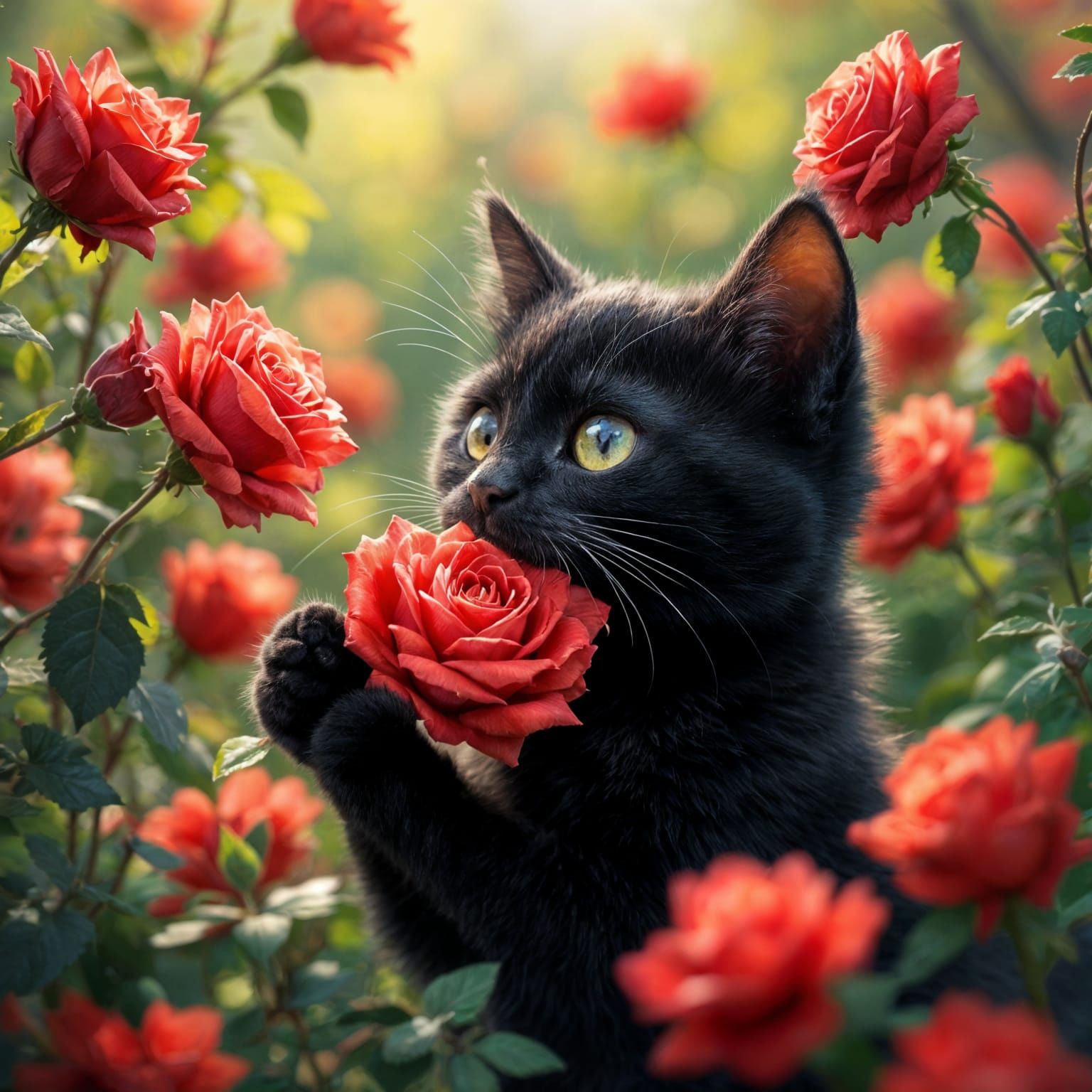 Whimsical Black Cat Amidst Vibrant Spring Blooms