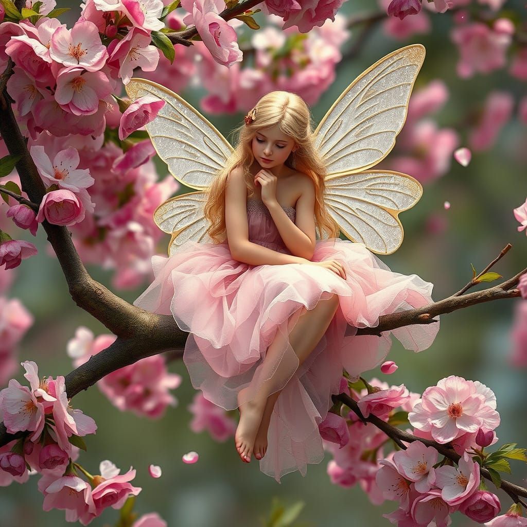 Surreal Pre-Raphaelite Fairy Amidst Blooming Cherry Blossoms