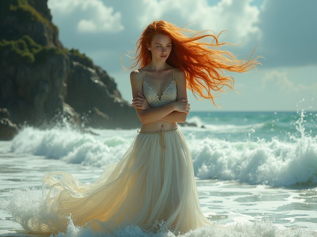 Ginger Haired Woman at Stormy Ocean Edge