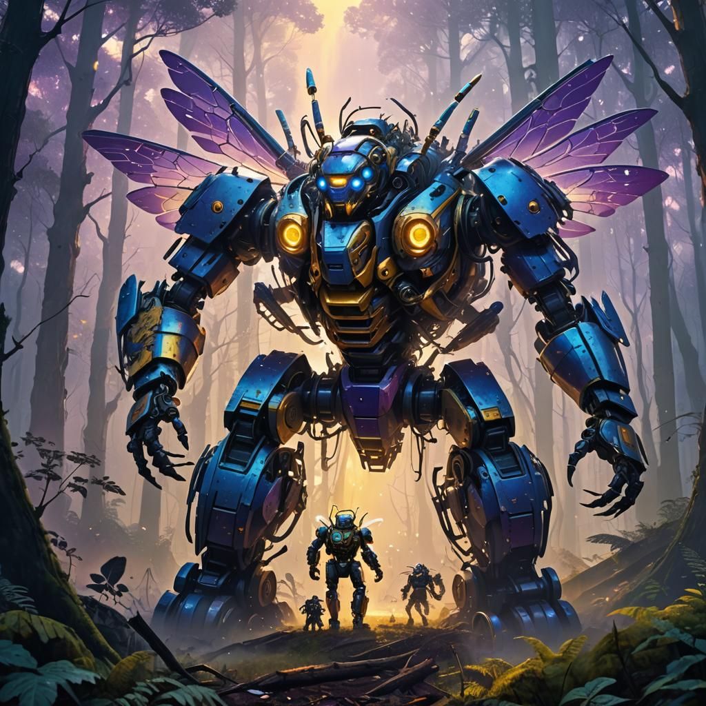 Robot Bee Versus Mechanical Saw in Misty Forest