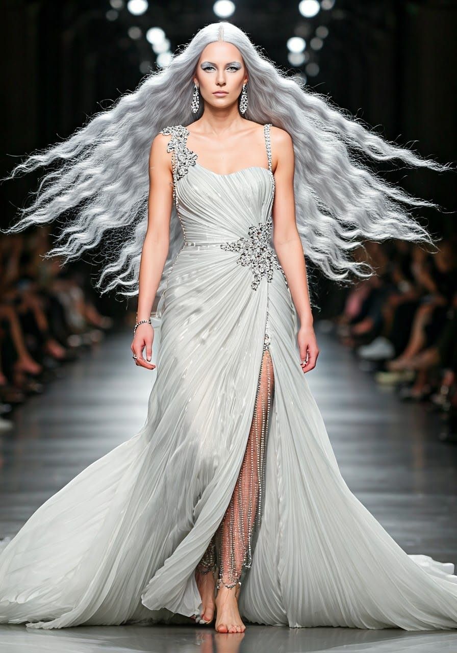 Surreal Silver-White Goddess in High-Fashion Evening Gown