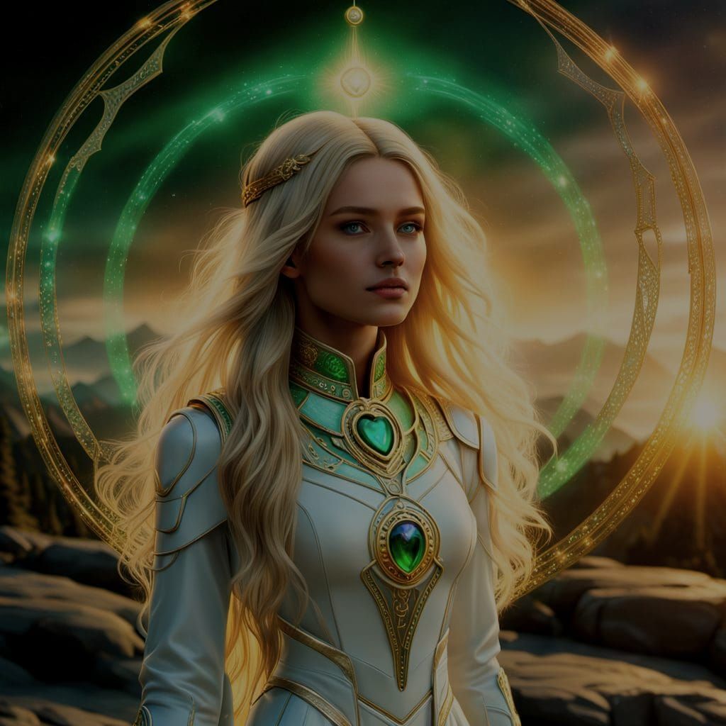 Radiant Nordic Princess with Emerald Eyes in Golden Light