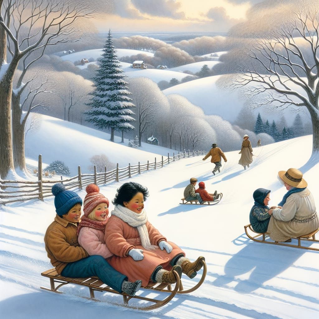Winter Wonderland Scene of Children Sledding with Grandmothe...