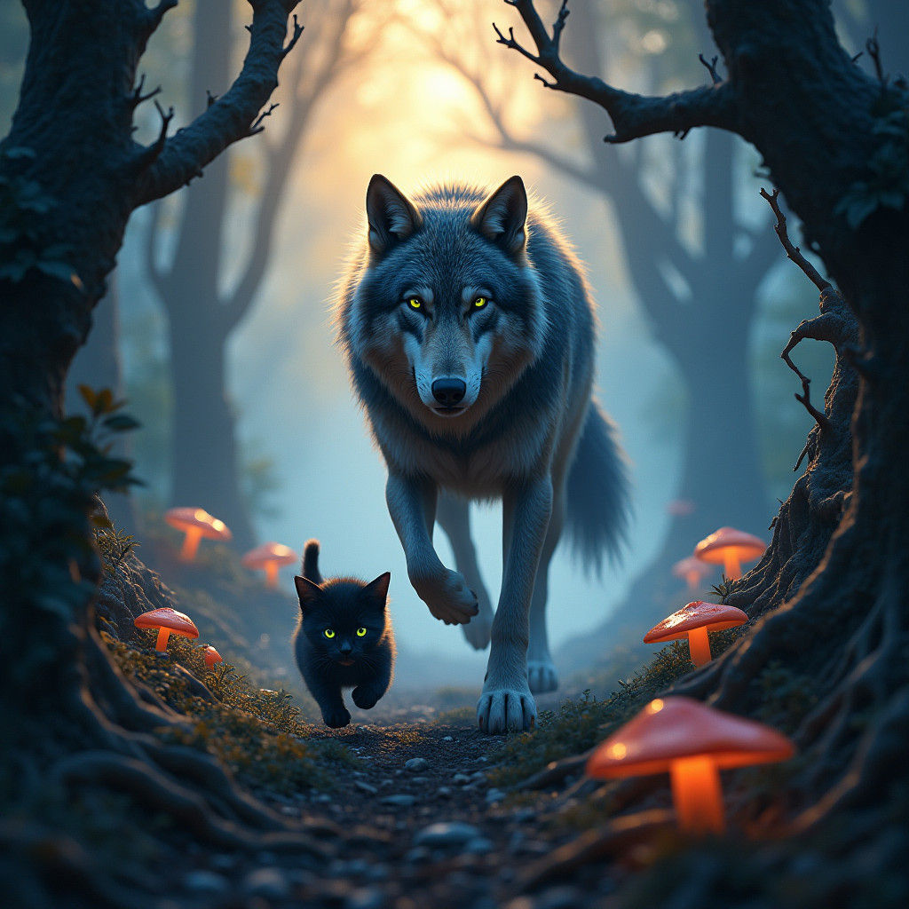 Wolf and Kitten Chase in Mystical Forest