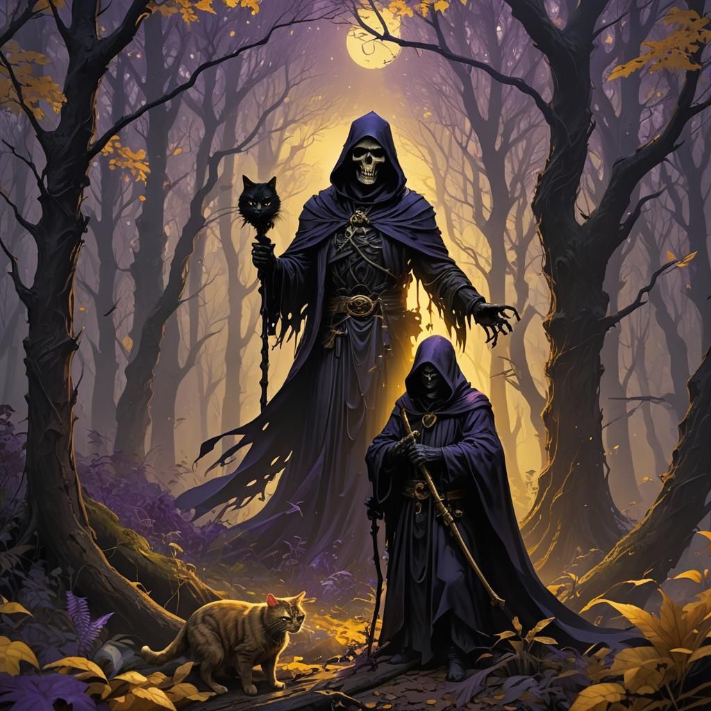 Grim Reaper with Cat in Mystical Forest