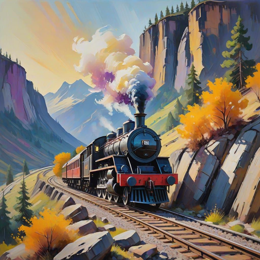 Vibrant Neo-Expressionist Steam Train Landscape