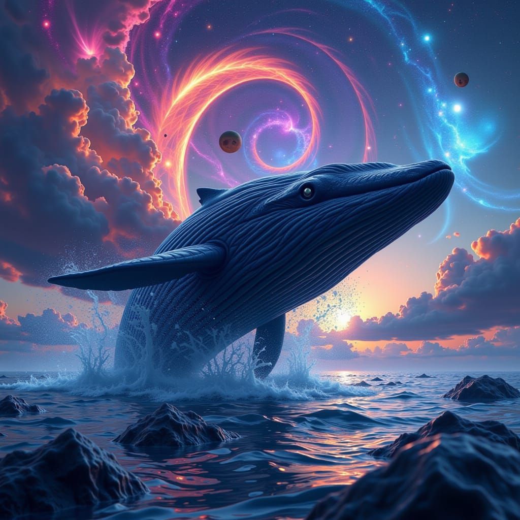 Whale Breaching Nebula with Glowing Runes