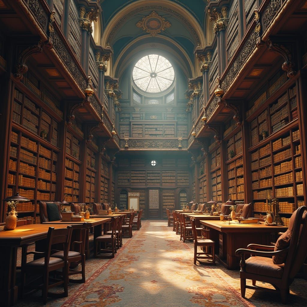 Epic Library Interior with Soaring Columns