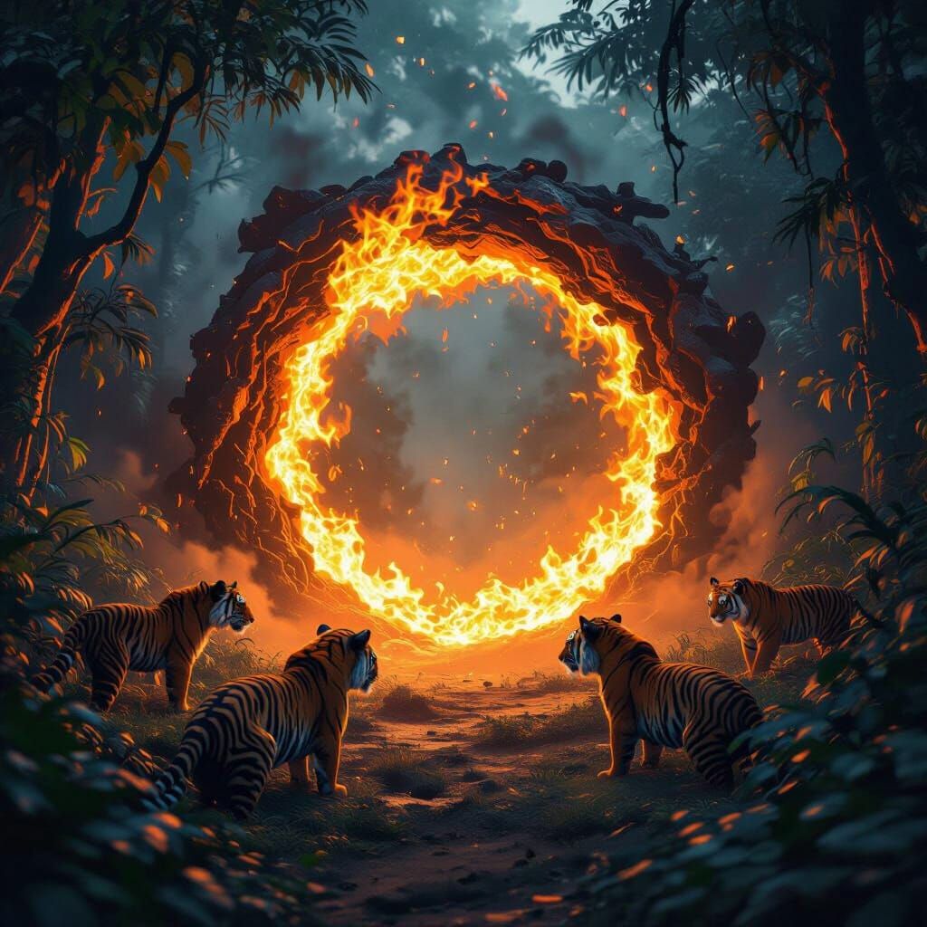 Fire Portal in Dark Jungle with Tigers
