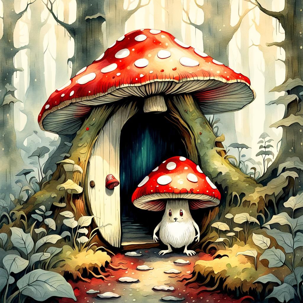 Mushroom Home in Rainy Forest, Fantasy Illustration