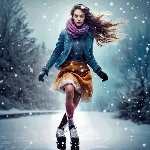 lifelike magical photo of a beautiful woman skating on a frozen river while snow is falling high contrast, colorful