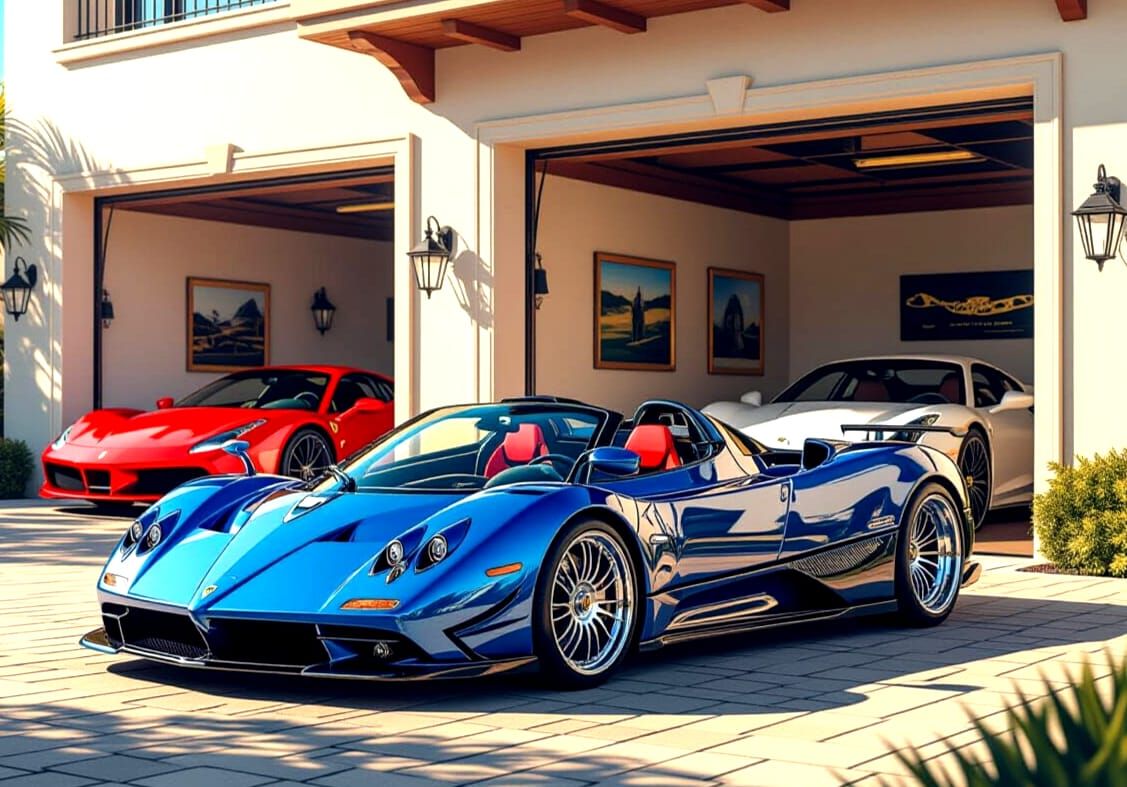 Blue Pagani Zonda HP Barchetta Outside Luxury Garage