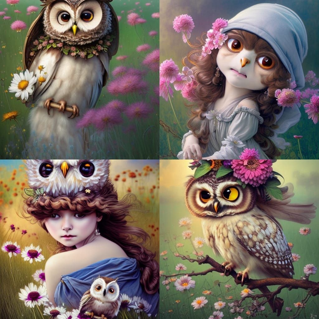 Adorable Chibi Owl in a Rococo Flower Field