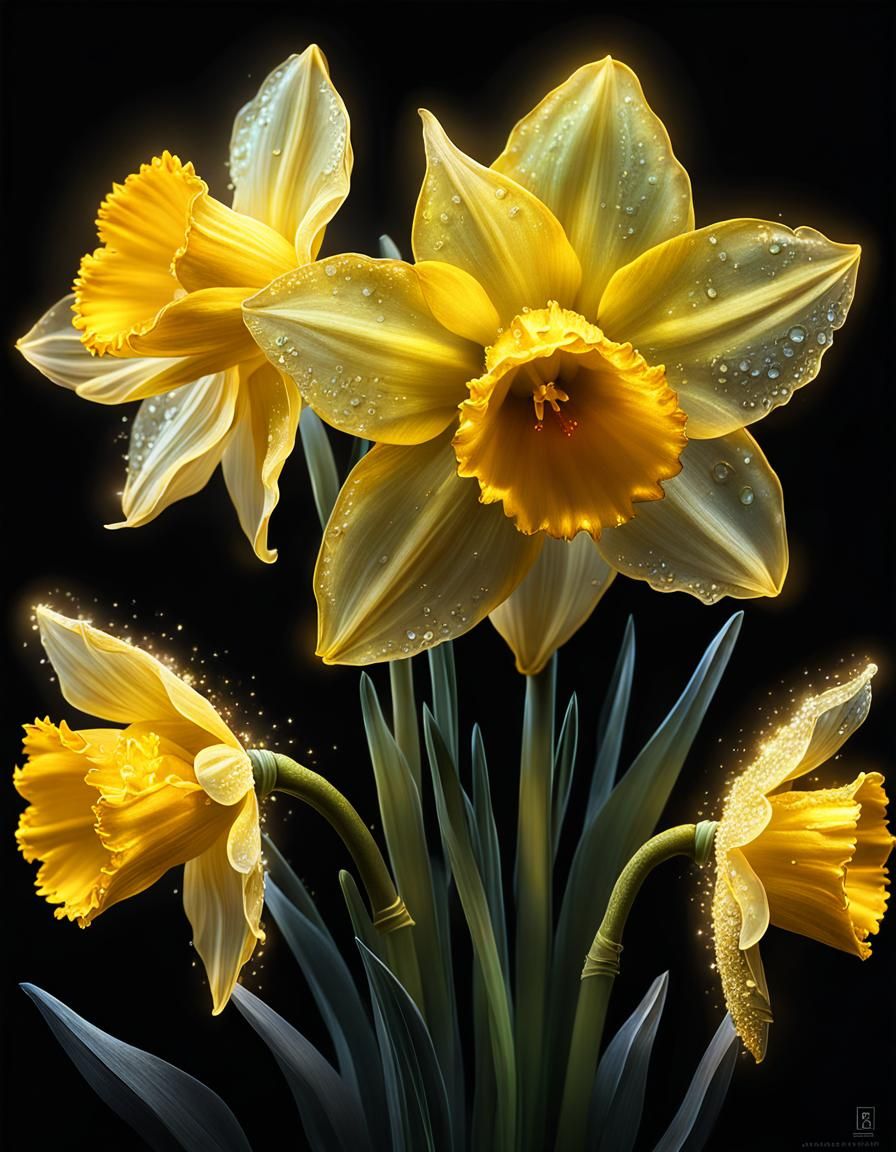 Glowing Magical Yellow Daffodil in Hyperrealism