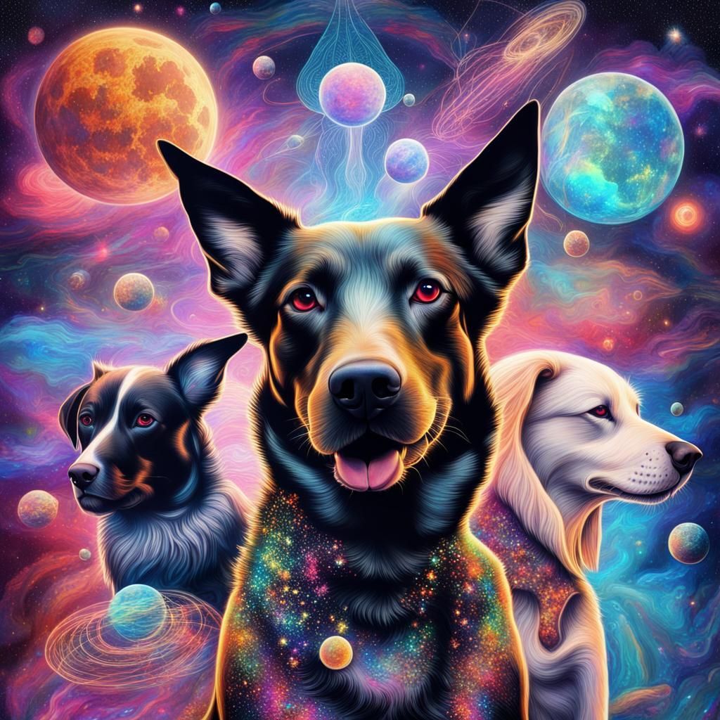 Holographic Astral Dogs in Mixed Media Illustration