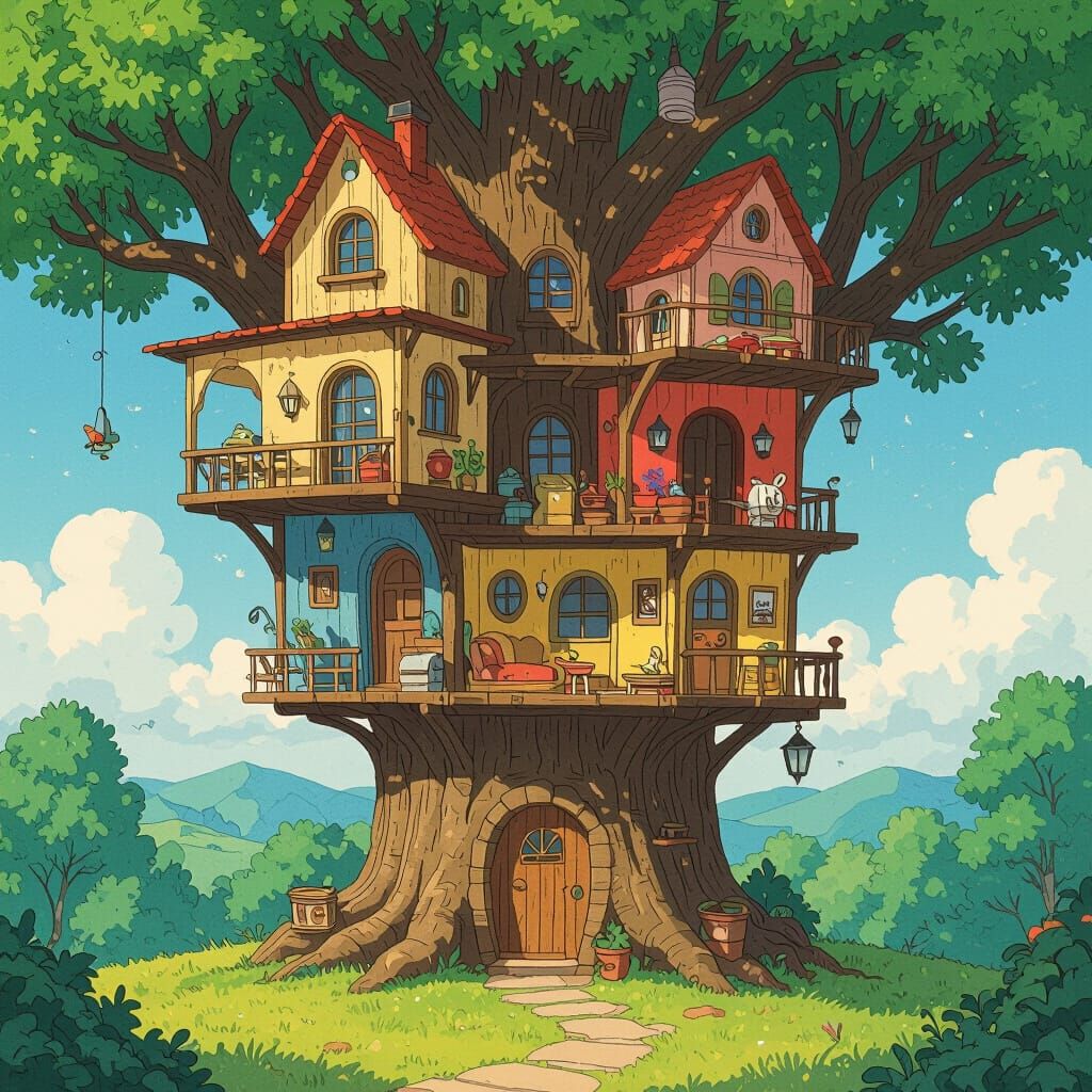 Enchanted Treehouse with Unique Rooms in Miyazaki Style