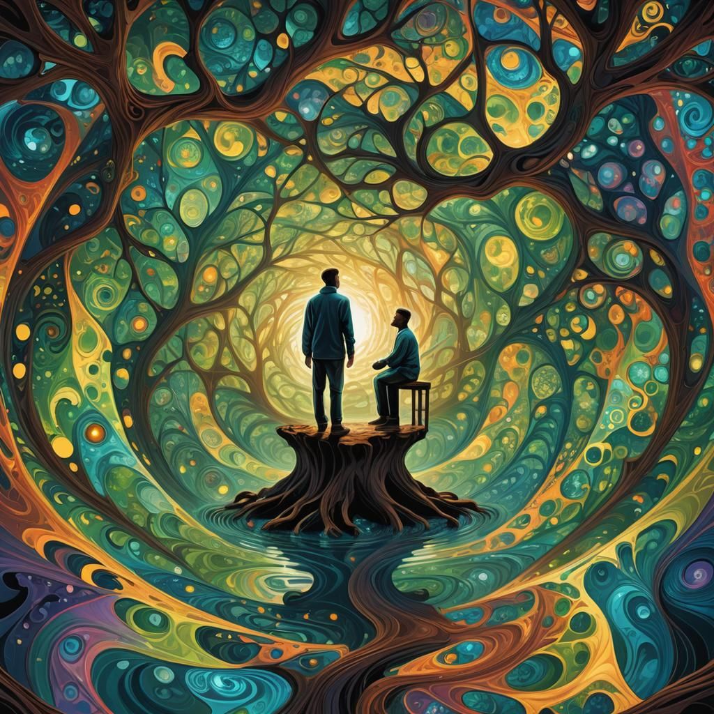 Fractal Time: Man Confronts Younger Self in Dreamscape