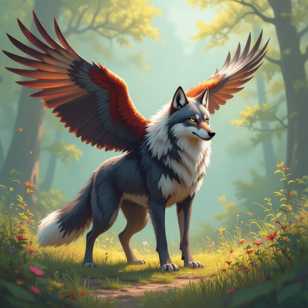 Wolf-Eagle Hybrid in Whimsical Art Style